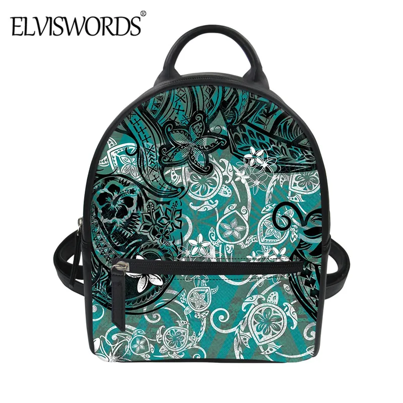 

ELVISWORDS Polynesian Flower Tribal Pattern Teen Girls Casual Street Shoulder Bag Women's Durable PU Leather Backpack Mini Sack