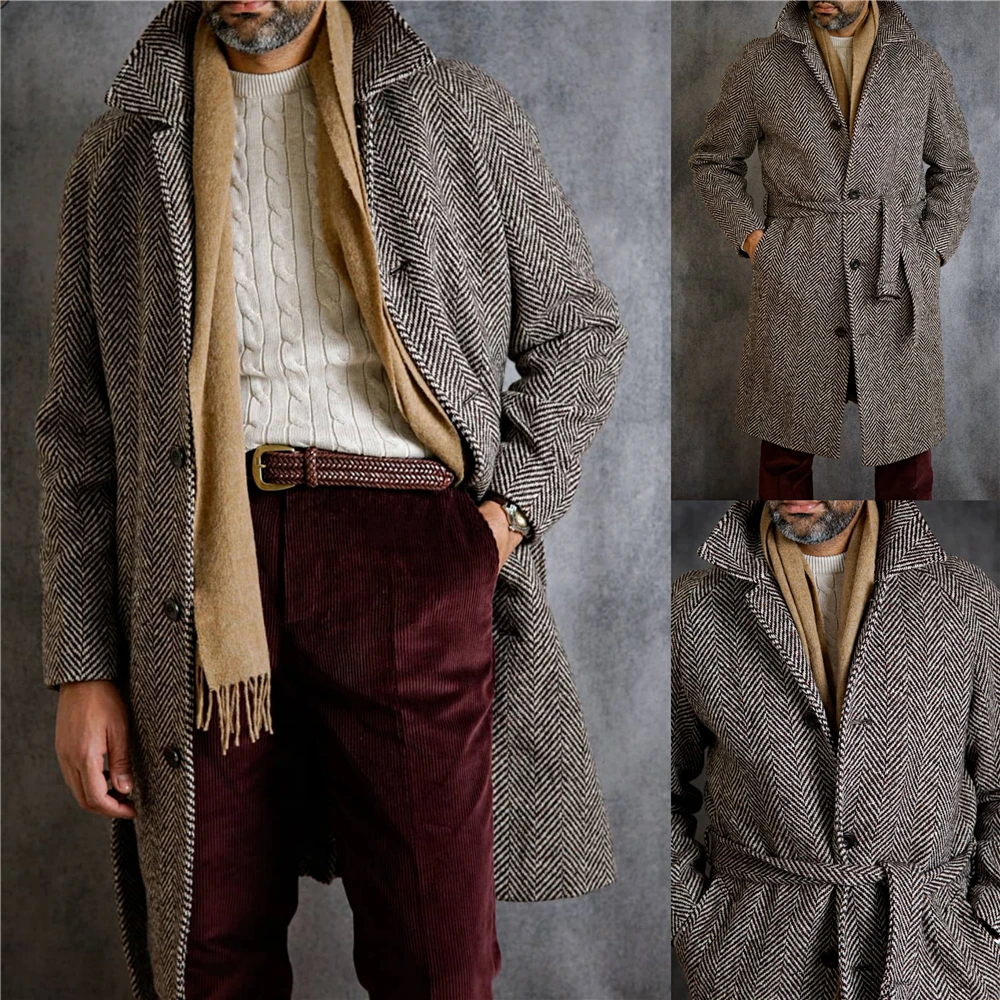 

Striped Men's Woolen Overcoat England Style Singal Breasted Thick Loose Mid-Length WarmCasual Trench Winter Coat Male Jacket