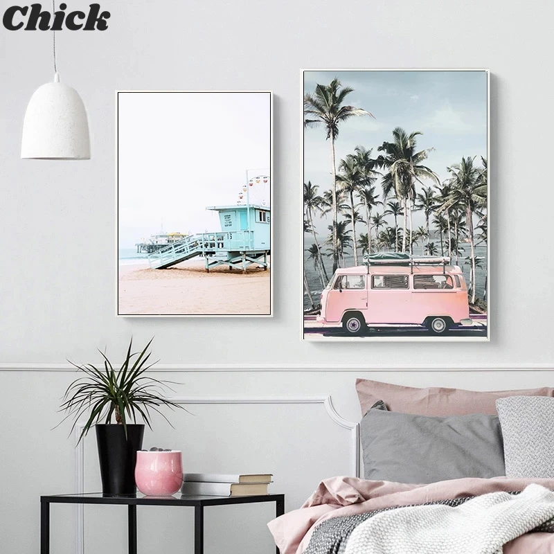 

Ocean Landscape Scandinavian Poster Pink Bus Beach Nordic Style Canvas Wall Art Print Painting Decorative Pictures Home Decor