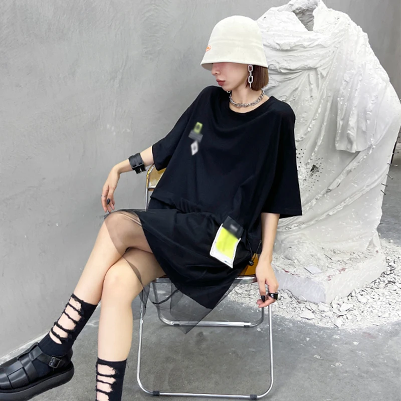 

CHICEVER Black Patchwork Mesh Dress For Women O Neck Short Sleeve Minimalist Solid Mini Dresses Female Fashion New Clothing 2021