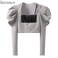 aurance women puff sleeve patchwork coat crop tops women high waist jackets square collar short ladies jackets spring 2021 new