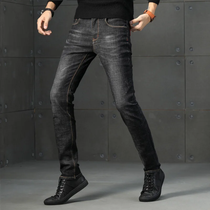 Business Casual Men Blue Jeans Stretch Slim Fit Denim Pants