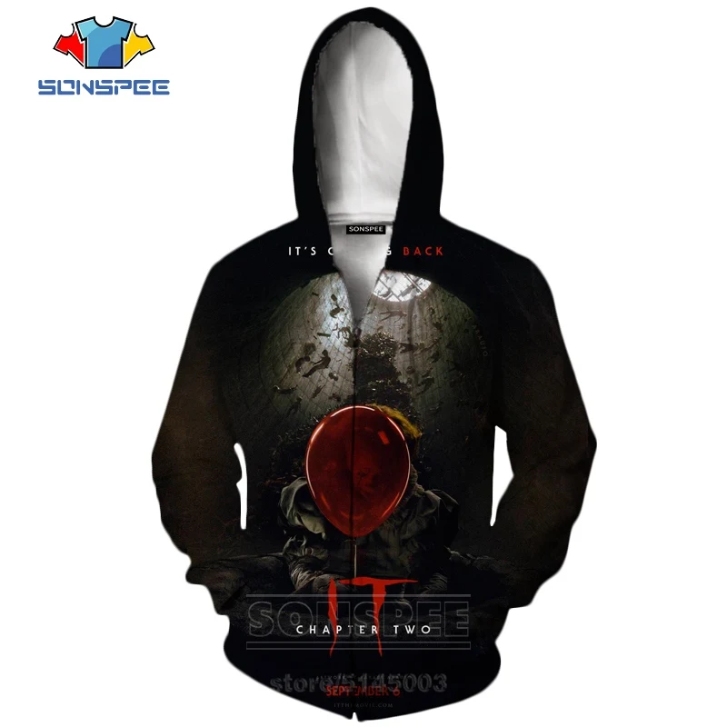 1 It Chapter две молнии толстовки Новые мужские и женские Pennywise клоун Толстовка 3D принт фильм ужасов с длинным рукавом Мода Топ пальто C063-3 - Цвет: 1