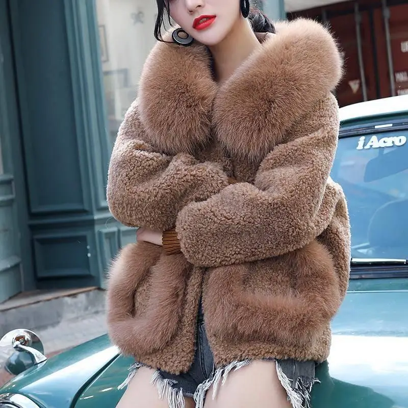 Женское пальто с воротником из натурального Лисьего меха Свободное капюшоном