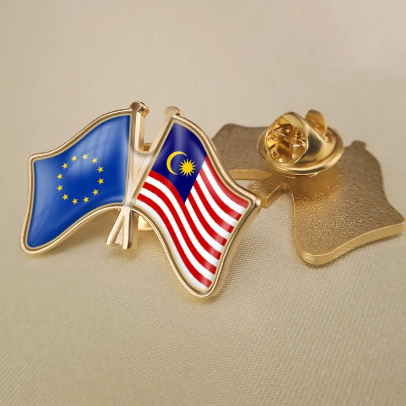 

European Union and Malaysia Crossed Double Friendship Flags Brooch Badges Lapel Pins