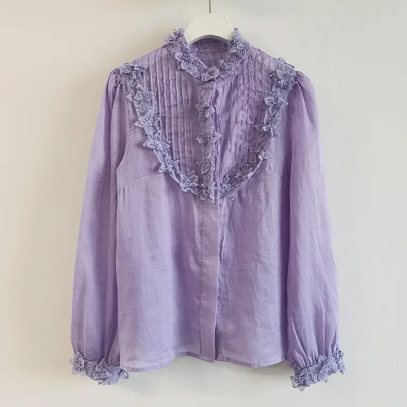 

Spring Summer New Women Long Sleeve Shirts Designer Floral Embroidery Thin White Shirts Ladies Sweet Ruffle Collar Slim Blouse