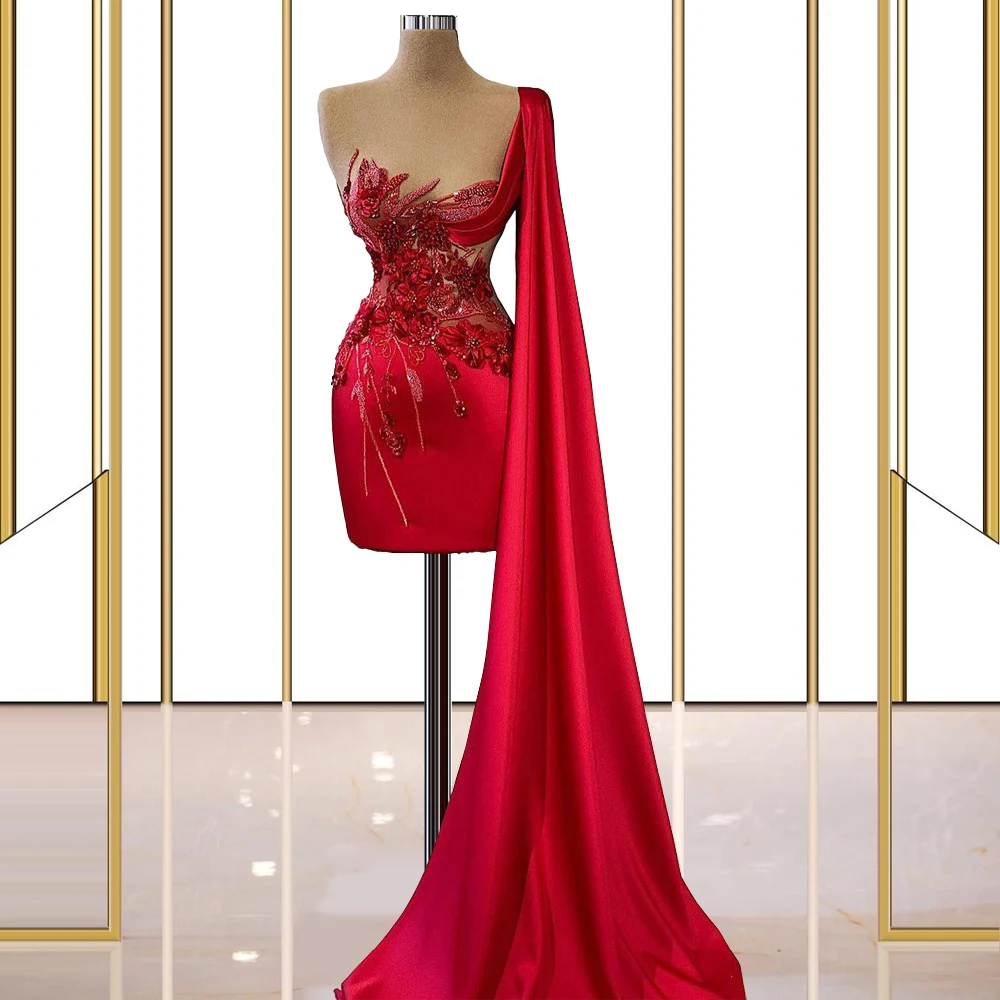

Charming Red Straight Short Prom Dresses Appliques Beads Sleeveless Evening Gowns Illusion Arabic Formal Party Robe De Soiree