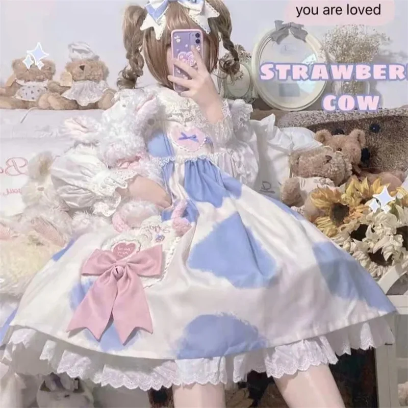 

Japanese Sweet Soft Girl Cow Pattern Printing Lolita Lovely Dress Jsk Falbala Suspender Dress High Waist Cosplay Cos Loli