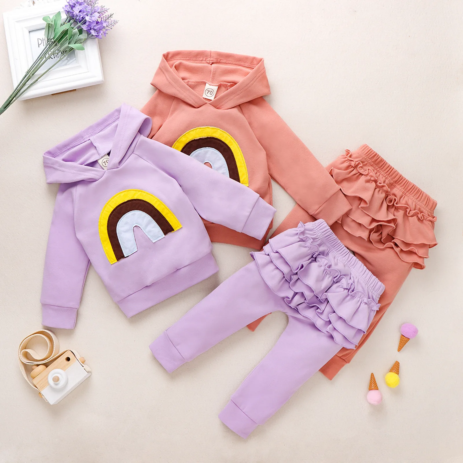 

Infant Baby Girls Rainbow Pullover Hoodie Tops+Ruffles Pants Outfits