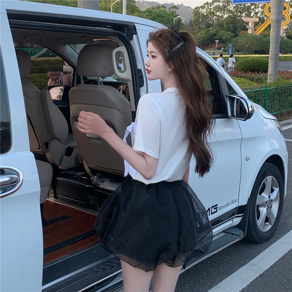 

Casual Elegant Office Lady Round Neck Print Patchwork Bow Short Sleeve T-Shirt Top + High Waist Mesh Tutu Shorts Fashion Set