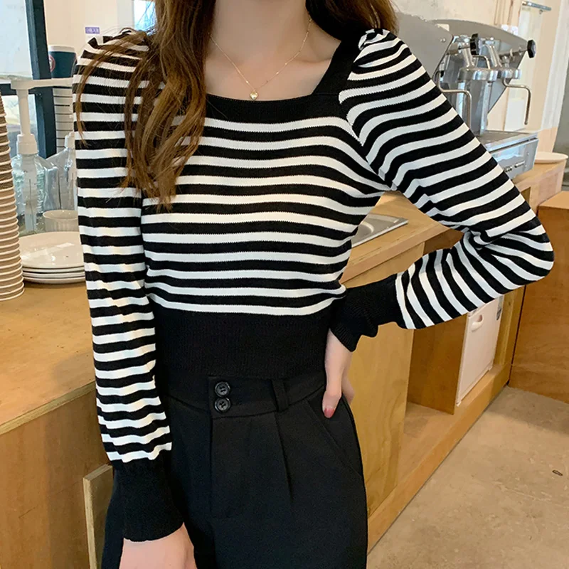 

Women Slim Sweaters Spring Autumn Long Sleeve Thin Ladies stripe square collar Jumper Casual Knitted black Tops Female Pullover