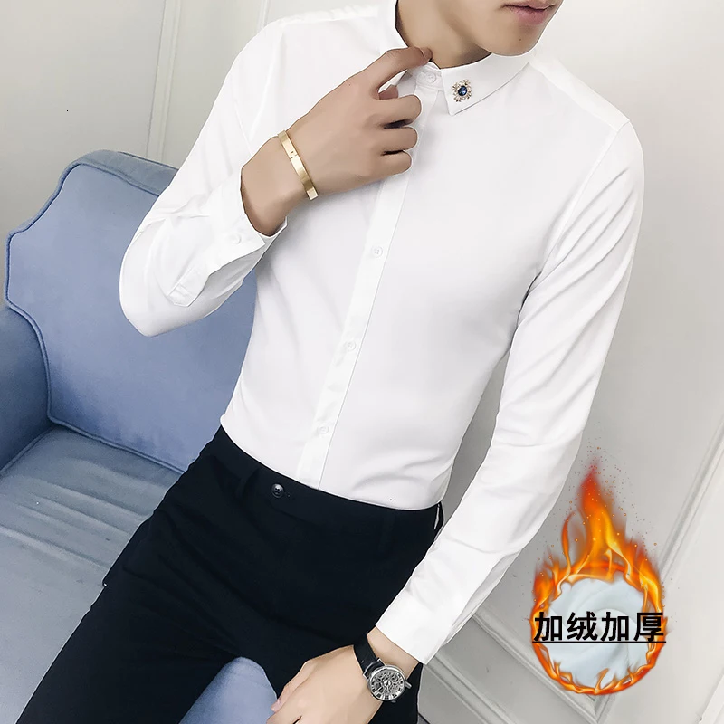 

2020 autumn new men's long-sleeved shirt Slim Korean fashion trend solid color business casual handsome streetwear Black