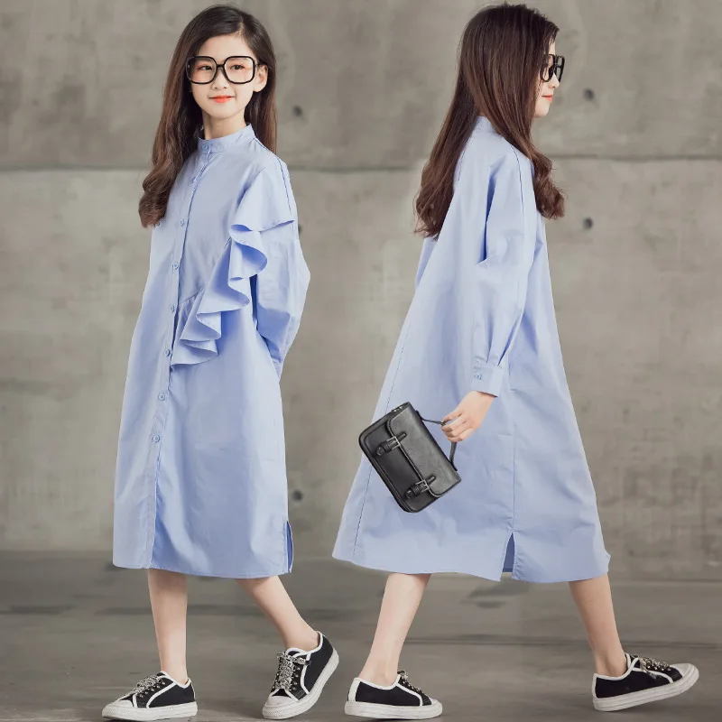 

Kids Girls Dress 2021 New Children Cotton Autumn Dress Teen Clothes Ruffles Elegant Mid Length Buttons Long Shirt,#6410