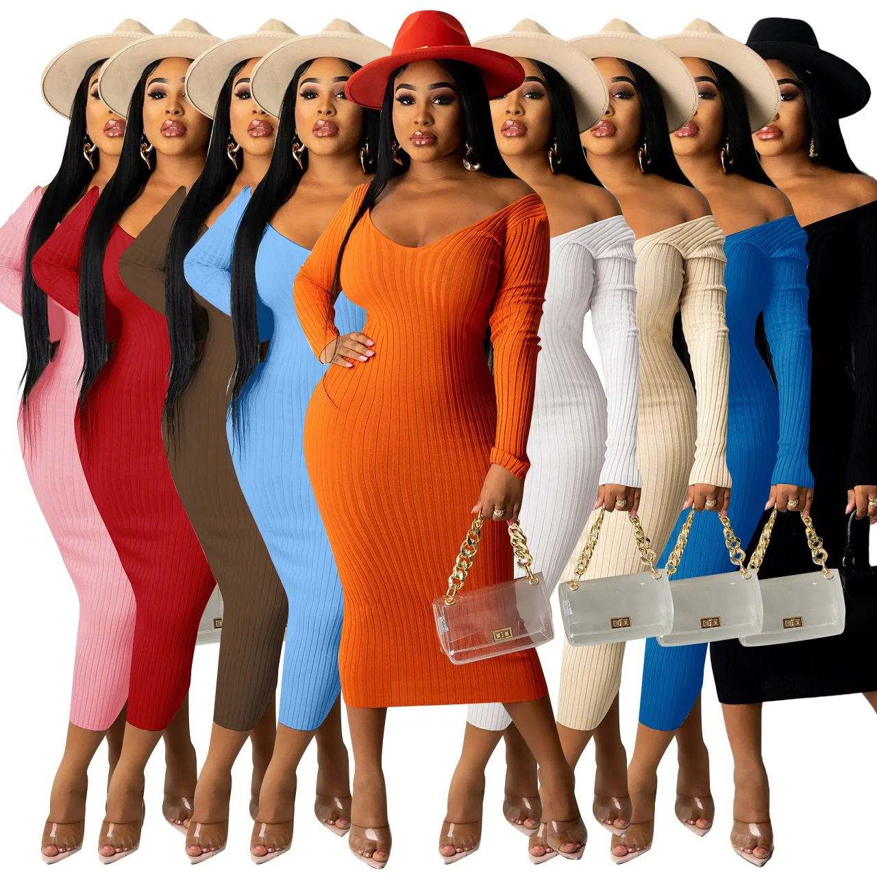 

Sexy V Neck Ladies Party Bodycon Dresses Women Casual Fall Sweater Dress WD018