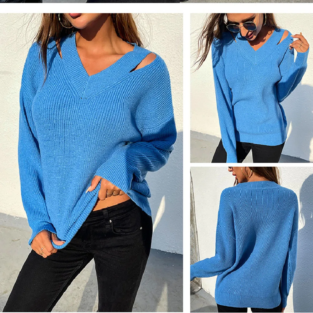 

2021 Autumn Winter Korean Fashion V-neck Tops Solid Knitted Pullover Sweater Pull Oversize Femme Sueter Mujer Kawaii Clothes