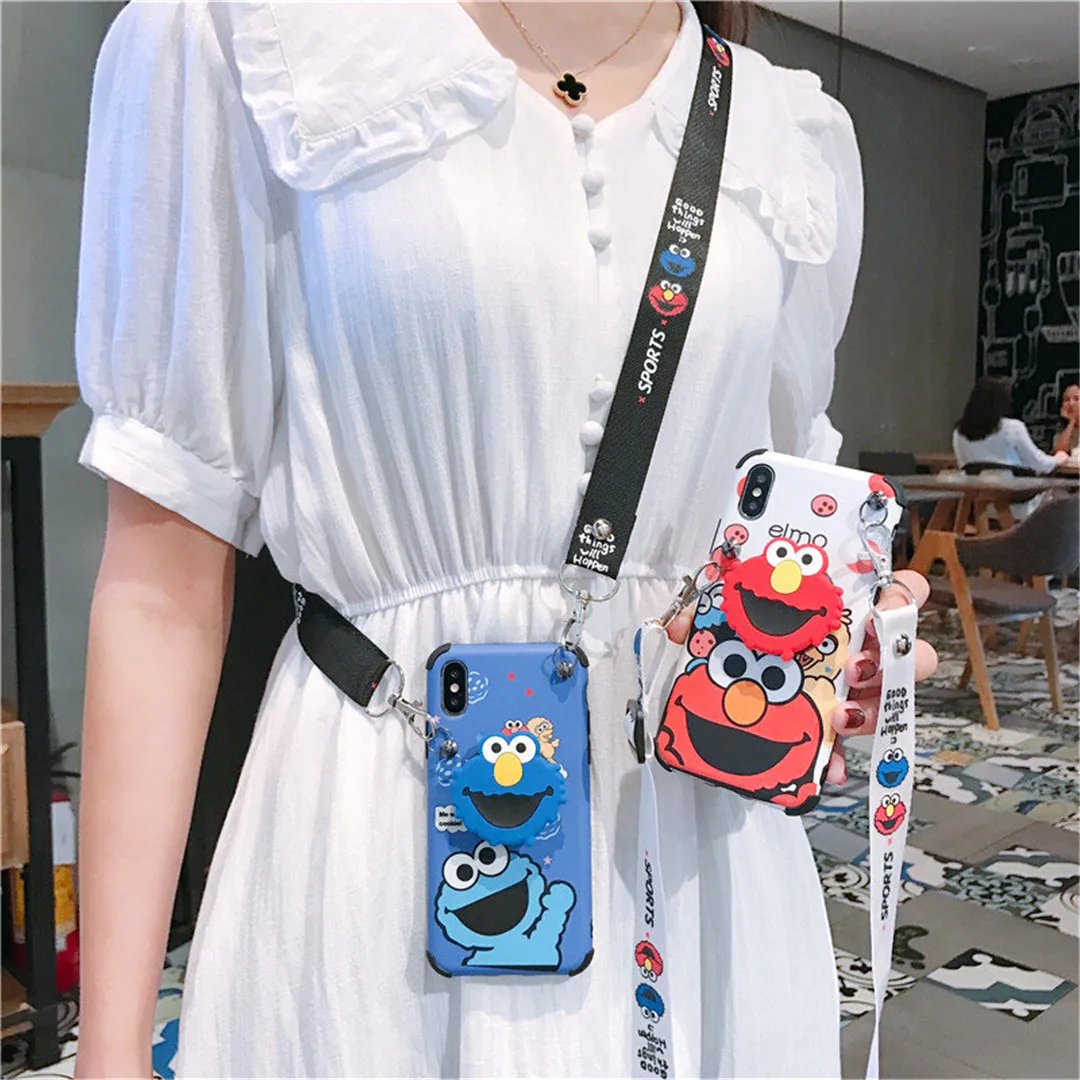 For iphone 11 Pro Max cute bracket Sesame Street ELMO rope Mobile Phone Case for iphone 6 6s 7 7plus 8 8plus X XR XS MAX cover