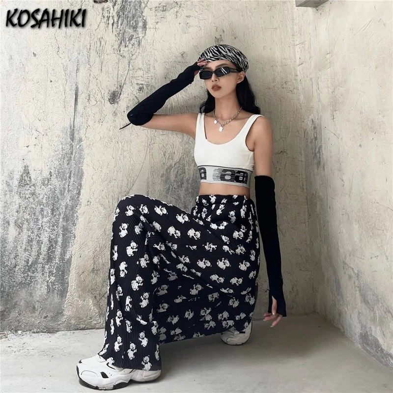 

KOSAHIKI Women Casual Wide Leg Pants Woman Cartoon Bear Print Black Pants Harajuku Elastic Waist Casual Trousers Streetwear