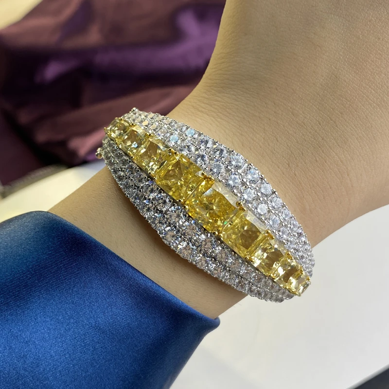 

Knobspin 100% 925 Sterling Silver Wedding Engagrment Bracelets For Women Full Yellow High Carbon Diamond Fine Jewelry Wholesale