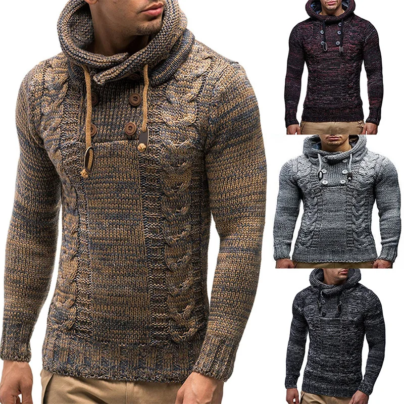 

2021 European and American men's knitted coat autumn/winter large turtleneck hooded sweater