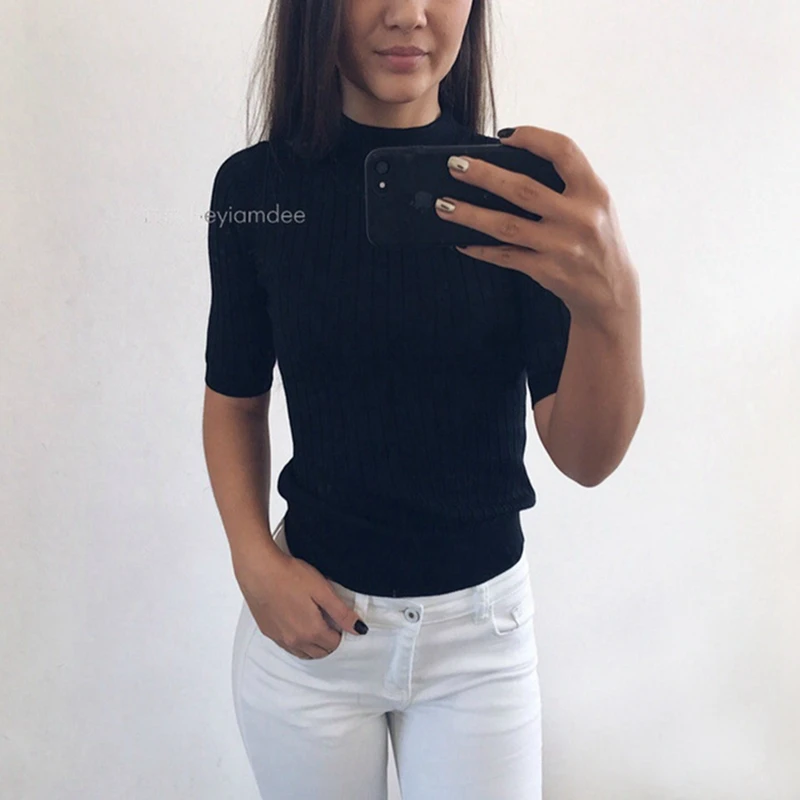 

Spring Autumn Women Sweater Knitted Half Sleeves Pullovers Sweater Slim Female Jumper High Elasticity Femme Pull