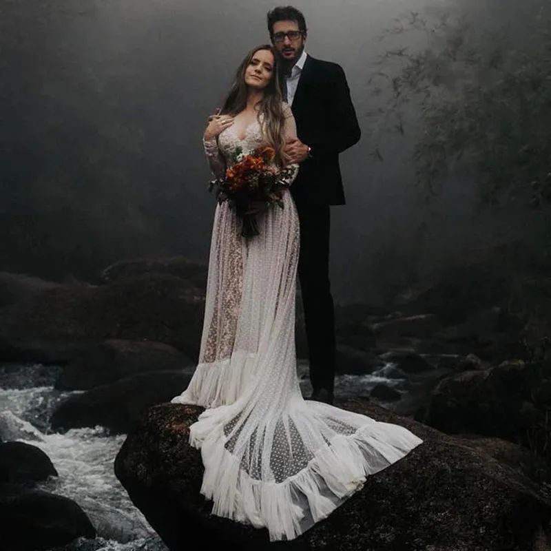 Новинка классические кружевные свадебные платья в стиле бохо с длинным рукавом