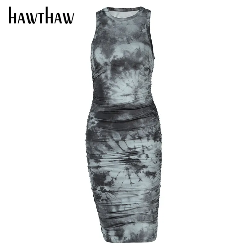 

Hawthaw Women Autumn Summer Sleeveless Printed Bodycon Pleated Slim Package Hip Dress Sundress 2021 Female Clothing Streetwear