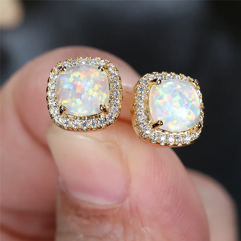 Серьги-гвоздики женские розовое золото серебро с радужным опалом | Украшения и