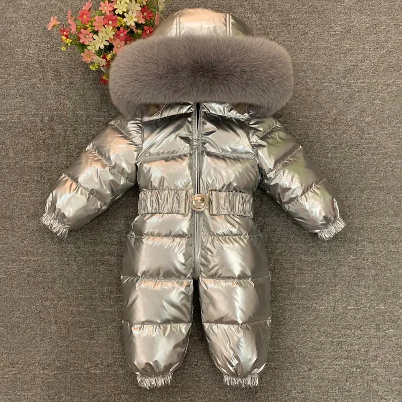 

2020 Winter Warm Down Baby Boys Jumpsuits Hooded Real Fur Girls Rompers Long Sleeve Unisex Onesie Overalls Toddler Snowsuit