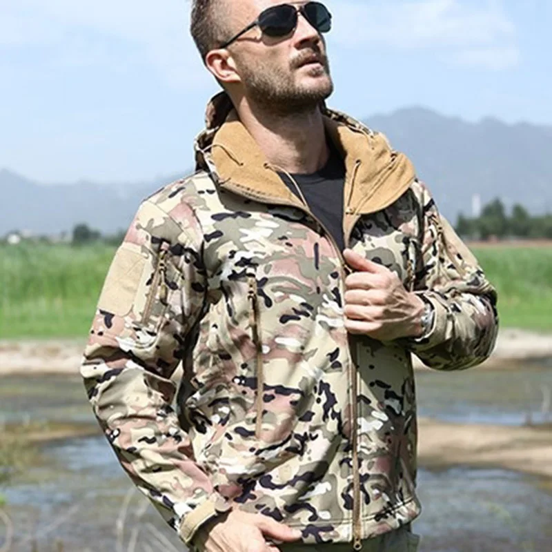 Осенне зимние мужские камуфляжные куртки уличные пальто одежда с флисовой
