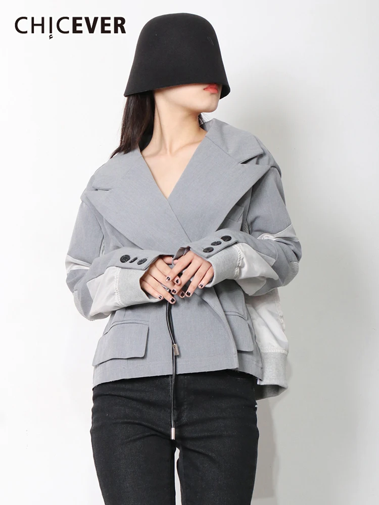 

CHICEVER Casual Colorblock Jackets For Women Notched Loose Long Sleeve Bow Lace Up Coats Female 2021 Autumn Fashion Clothing New