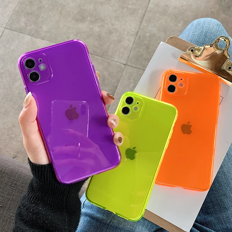 

Fluorescent Purple Candy Phone Case For iphone 11 Pro Max XR X XS 7 8 Plus SE 2020 Thin Soft TPU Silicone Cover Transparent Capa