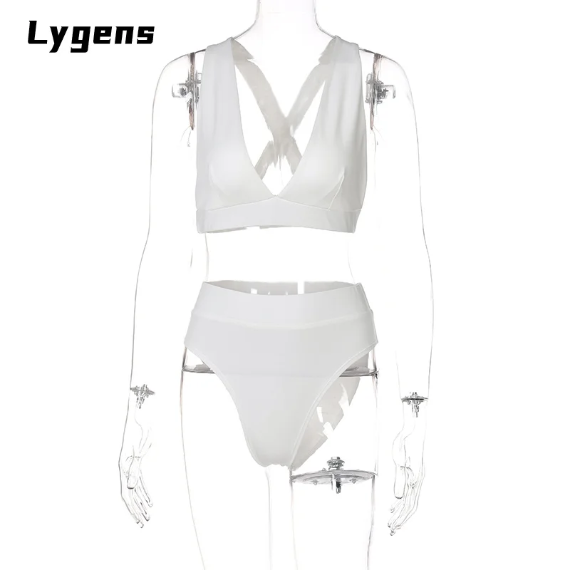 

Lygens 2021 Summer Women White 2 Pieces V Neck Tanks Hot Pants Backless Bodycon Sexy Streetwear Casual Tracksuit Sporty Outfit