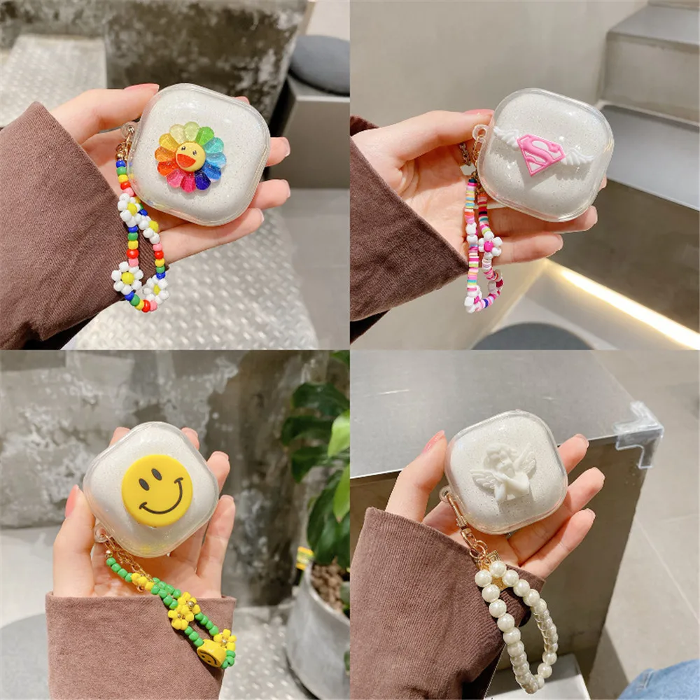 

Чехол для Galaxy buds 2 Live Pro Sun flower Love Smiley, мягкий чехол с жемчужным браслетом, милый прозрачный чехол для Samsung Galaxy buds 2