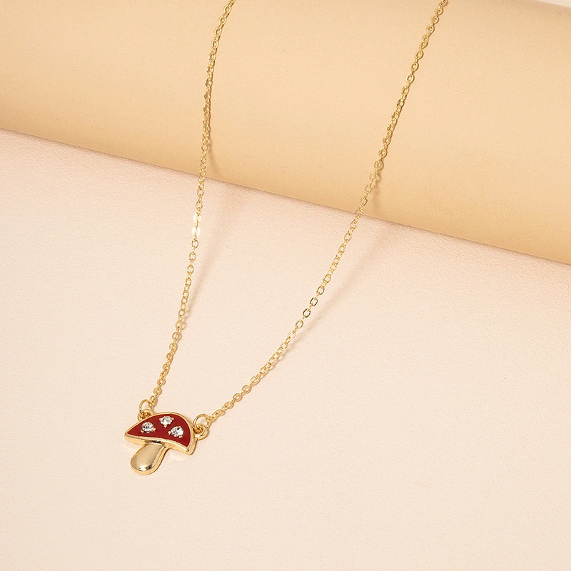 

Trendy New Red Mushroom Pendant Necklace Cute Girl Wedding Party Gold CZ Chain Jewelry Charming Women Accessories