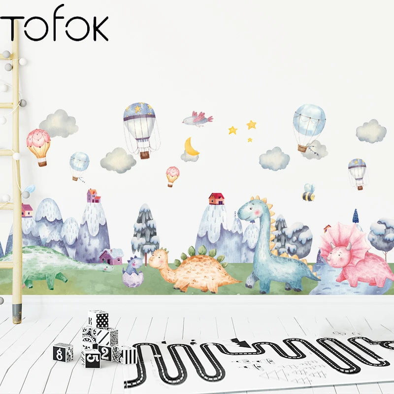

Tofok Hot Air Balloon Snow Mountain Cedar Dinosaur Wall Sticker Children room kindergarten Classroom Creative Decoration Sticker