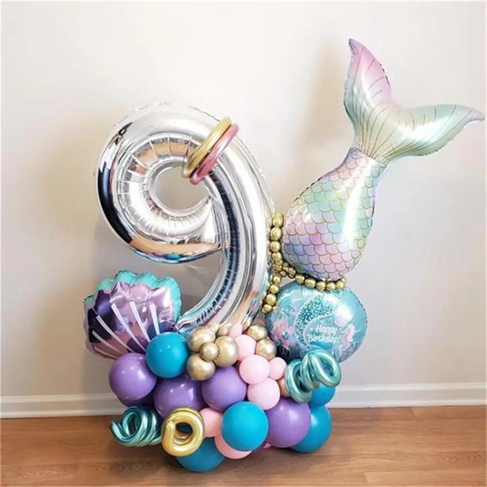

32inch Number Foil Balloons Mermaid Theme Party Decorations Purple Blue Balloons Mermaid Tail For Birthday Ocean Party Supplies