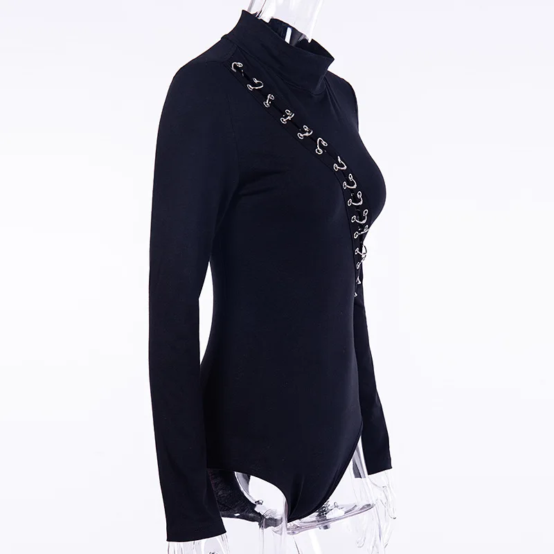 Женское боди с длинным рукавом черное облегающее повседневное круглым вырезом и