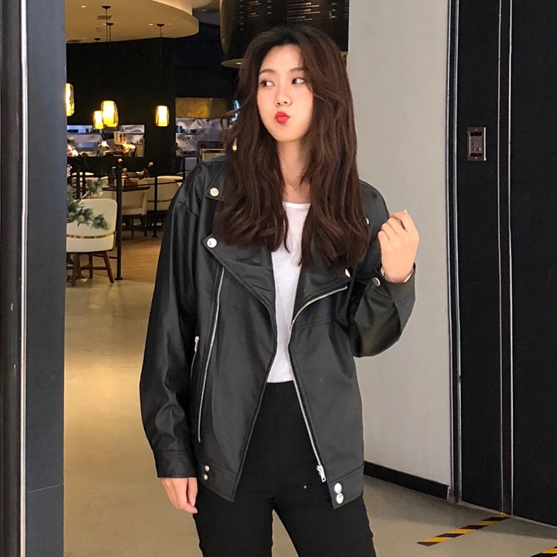 Korean Women PU Leather Jacket Oversized Chic Leather Biker Jacket Women Chaqueta Cuero Mujer Veste Cuir Femme