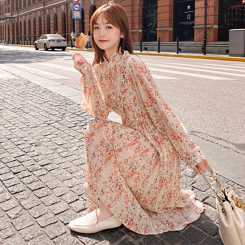 

Floral Chiffon Dress Spring Women's 2021 New Style French Retro Long-Sleeve Waist Slimming Long Dress Female Vestidos Mujer E489
