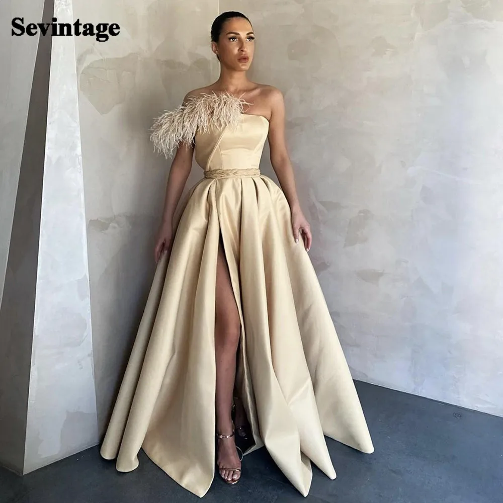 

Sevintage High Side Split Satin Prom Dresses Long Pleats Evening Gowns Pockets Feather Formal Women Dress Evening Party Wear