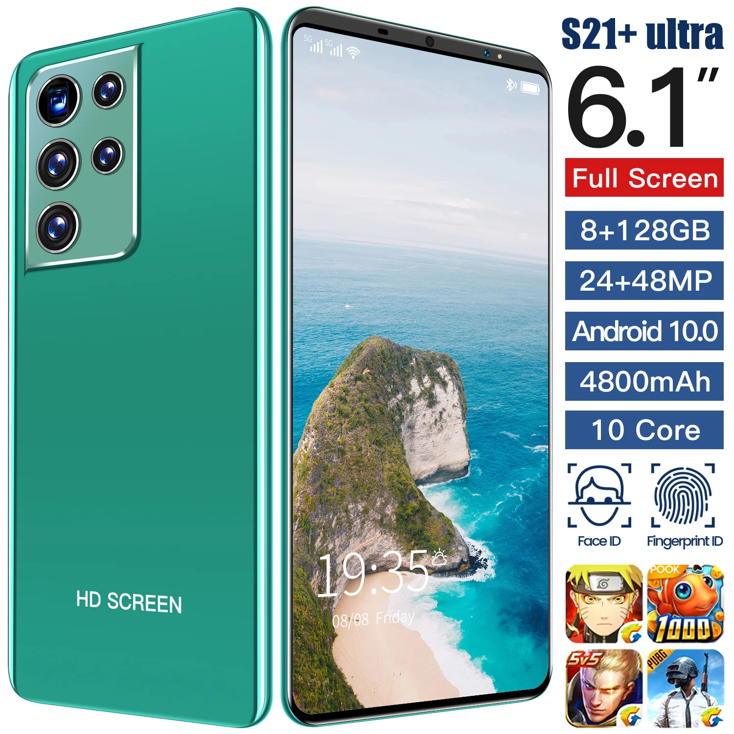 

New Arrival Hot Global Version S21U 6.1 Inch Smartphone 6+128GB 16+32MP 8 Core Dual SIM Face Fingerprint ID Andriod10 Cell Phone