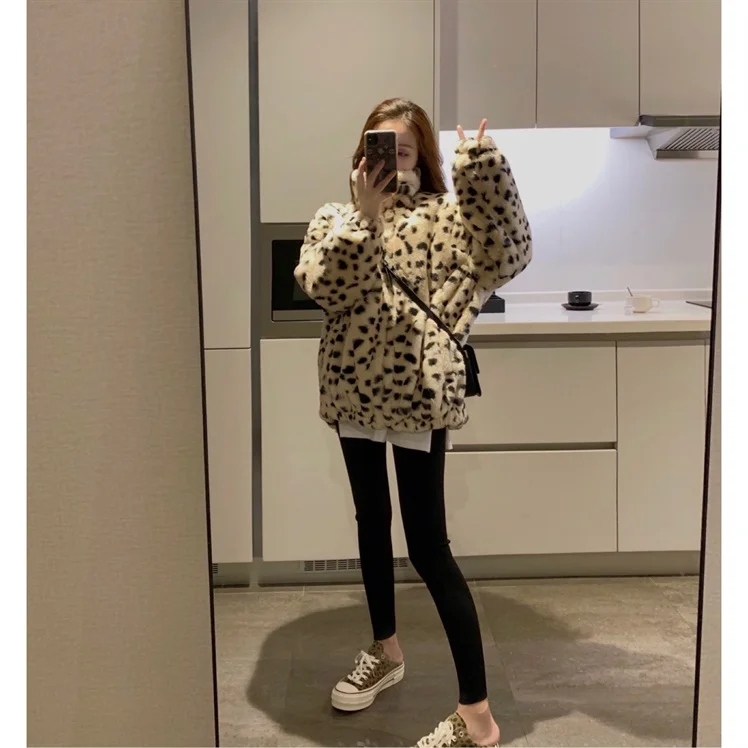 Женское пальто из меха ягненка с леопардовым принтом Корейская версия зима 2021