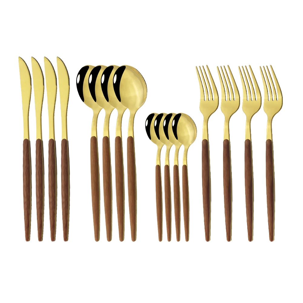 

16Pcs Mirror Stainless Steel Dinnerware Sets Brown Gold Wooden Tableware Western Food Knife Fork Teaspoon Flatware Cutlery Set