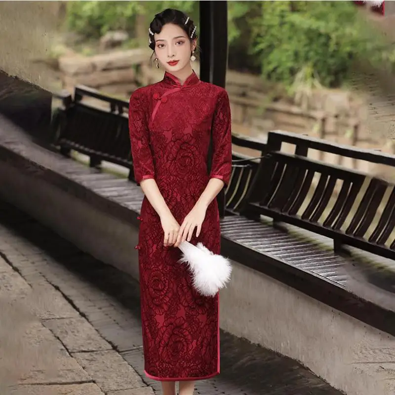 

Velour Banquet Party Dress Gown Vintage Button Qipao Sexy Mandarin Collar Cheongsam Female Plus Size Chinese Floral Vestidos