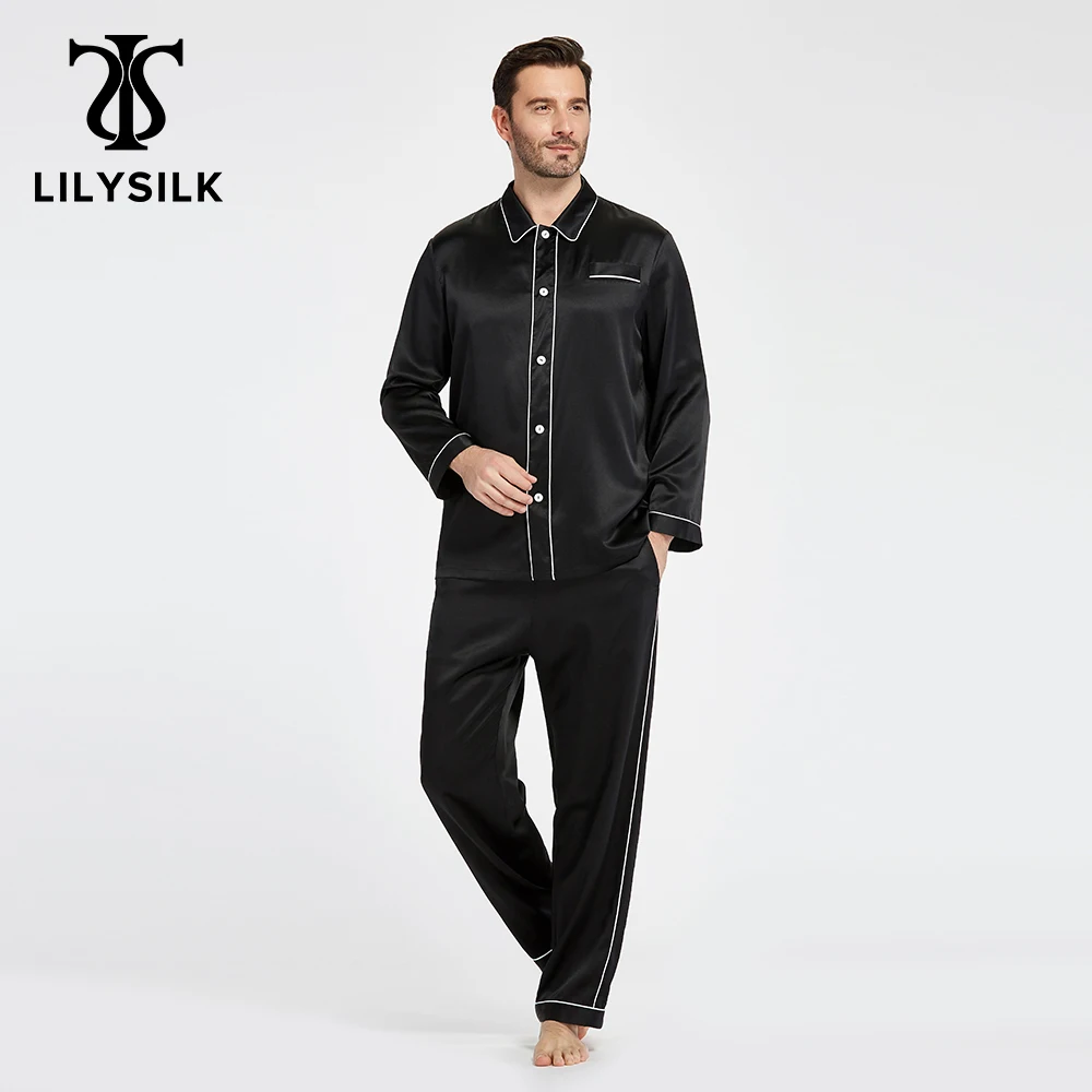LILYSILK 100 Silk Pajamas Set For Men 22 momme Luxury Full Length Long Contrast Trim Men's Clothing Free Shipping