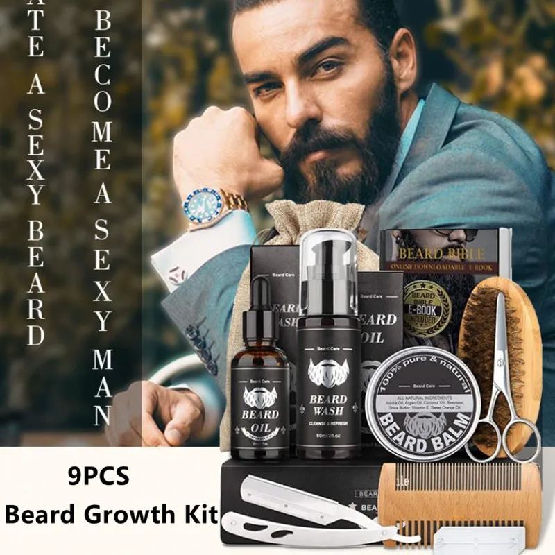 

Beard Growth Kit with Shampoo Wash Beard Care Growth Oil Balm Brush Comb Scissors Beard Grooming Growth Set Perfect Gift for Men