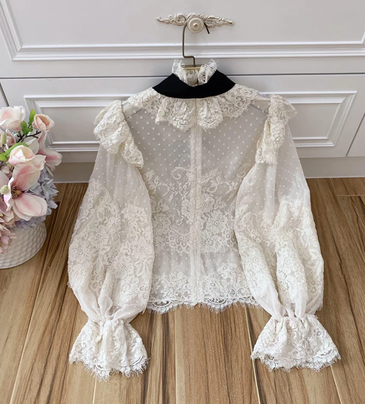 Red RoosaRosee Runway Designer Elegant Autumn Women Floral Applique Stand Collar Polka Dot Long Lantern Sleeve Shirt Tops Blouse