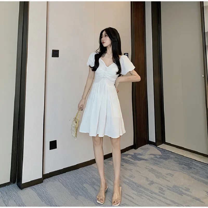

GRUIICEEN Summer Sexy Slash Neck Strapless Women Dress Elegant Puff Sleeve Slim Empire Tunic Mid Dress
