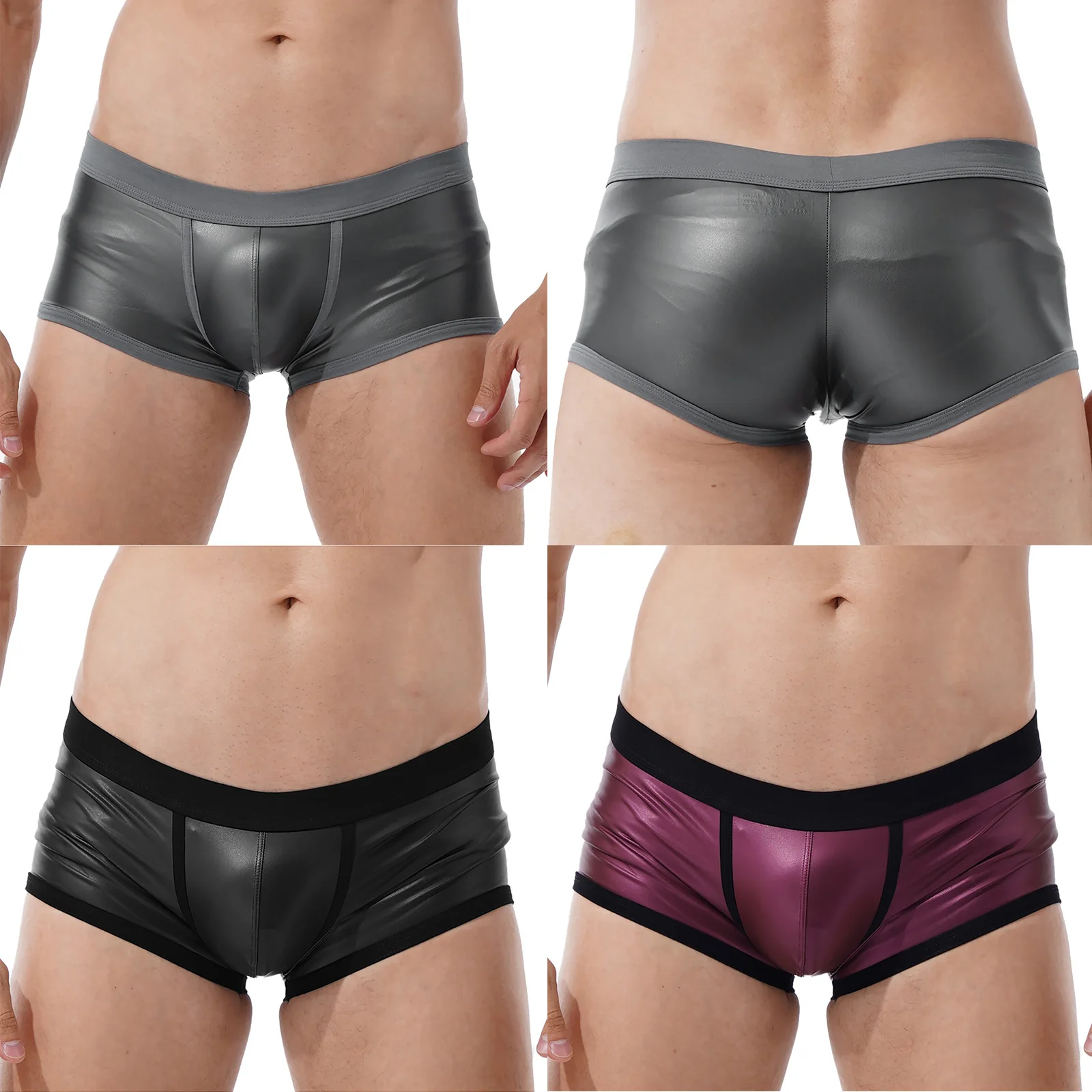 

Faux Leather Men Boxer Brief Low Waist Shorts Sports Swimming Trunks Swimwear Bulge Pouch Elastic Waistband Underpants Underwear