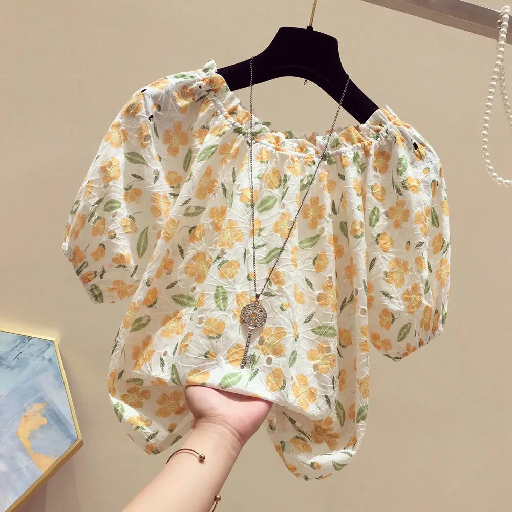

Flash Neck Chiffon Women Blouse Summer New 2021 Puff Sleeved Loose Straight Elegant Office Lady Pulls Tops